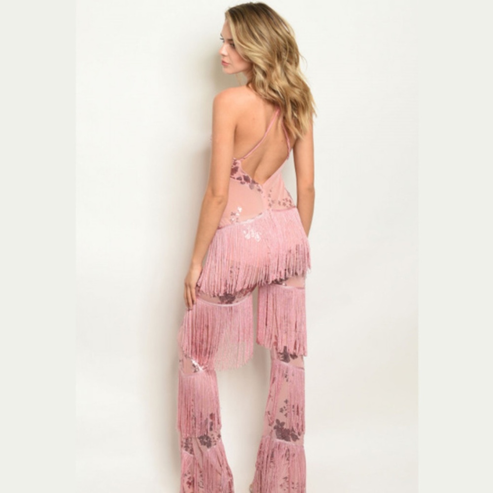 Mauve Glam Sequin Fringe Tassel Jumpsuit Romper - Picture 3 of 3